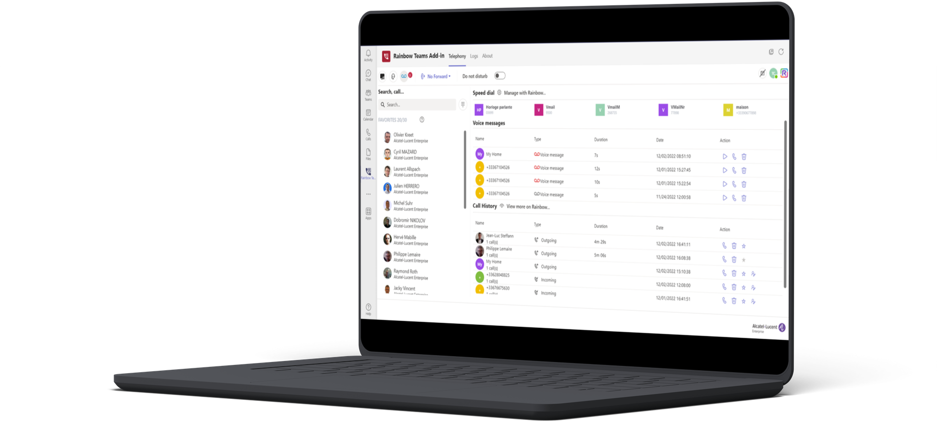 Laptop with Rainbow Telephony for Microsoft Teams, an interface with full collaboration and communication capabilities Open laptop with the Rainbow Telephony for Microsoft Teams interface